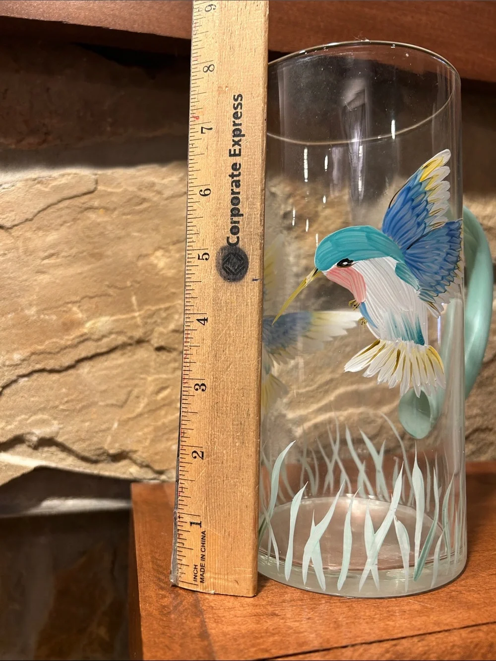 Hand-Painted Glass Pitcher with Colorful Hummingbirds